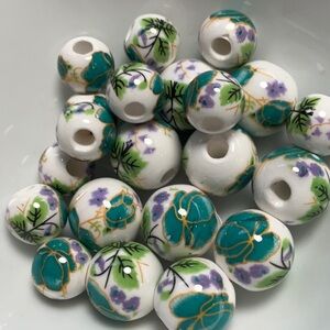 Ceramic - Painted Turq Flower Beads